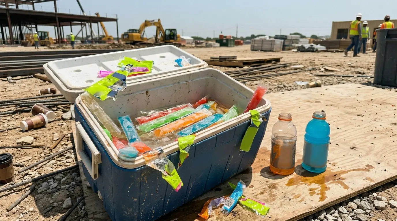 Melted freezer pops floating in a lukewarm jobsite cooler next to half-drunk sugary sports drinks